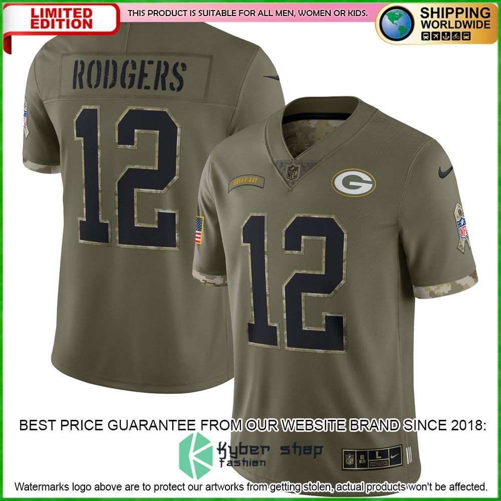 aaron rodgers green bay packers nike 2022 salute to service olive football jersey 1 746