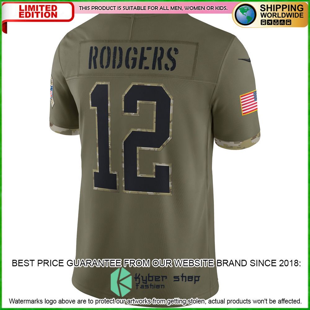 aaron rodgers green bay packers nike 2022 salute to service olive football jersey 3 970