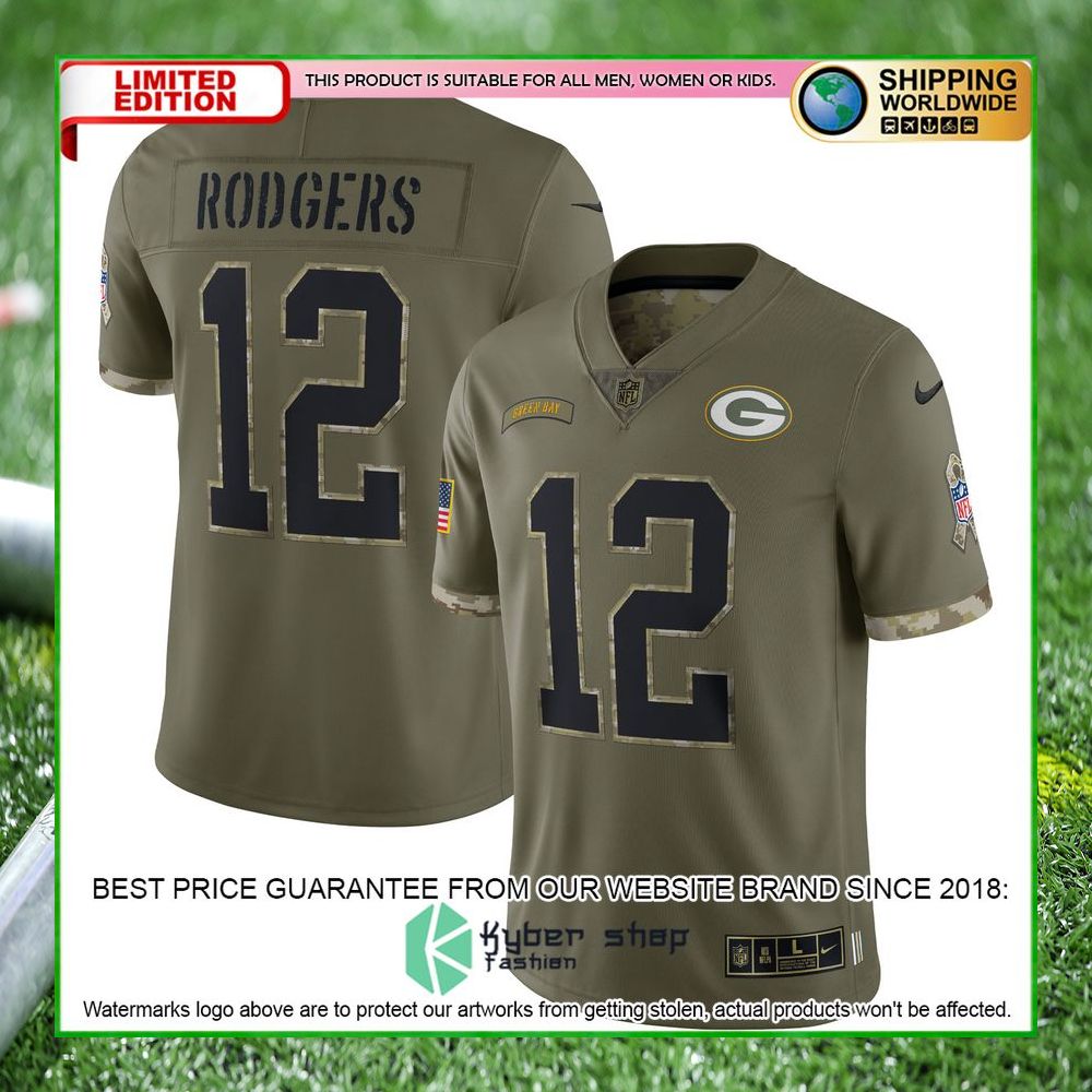 aaron rodgers green bay packers nike 2022 salute to service olive football jersey 4 908
