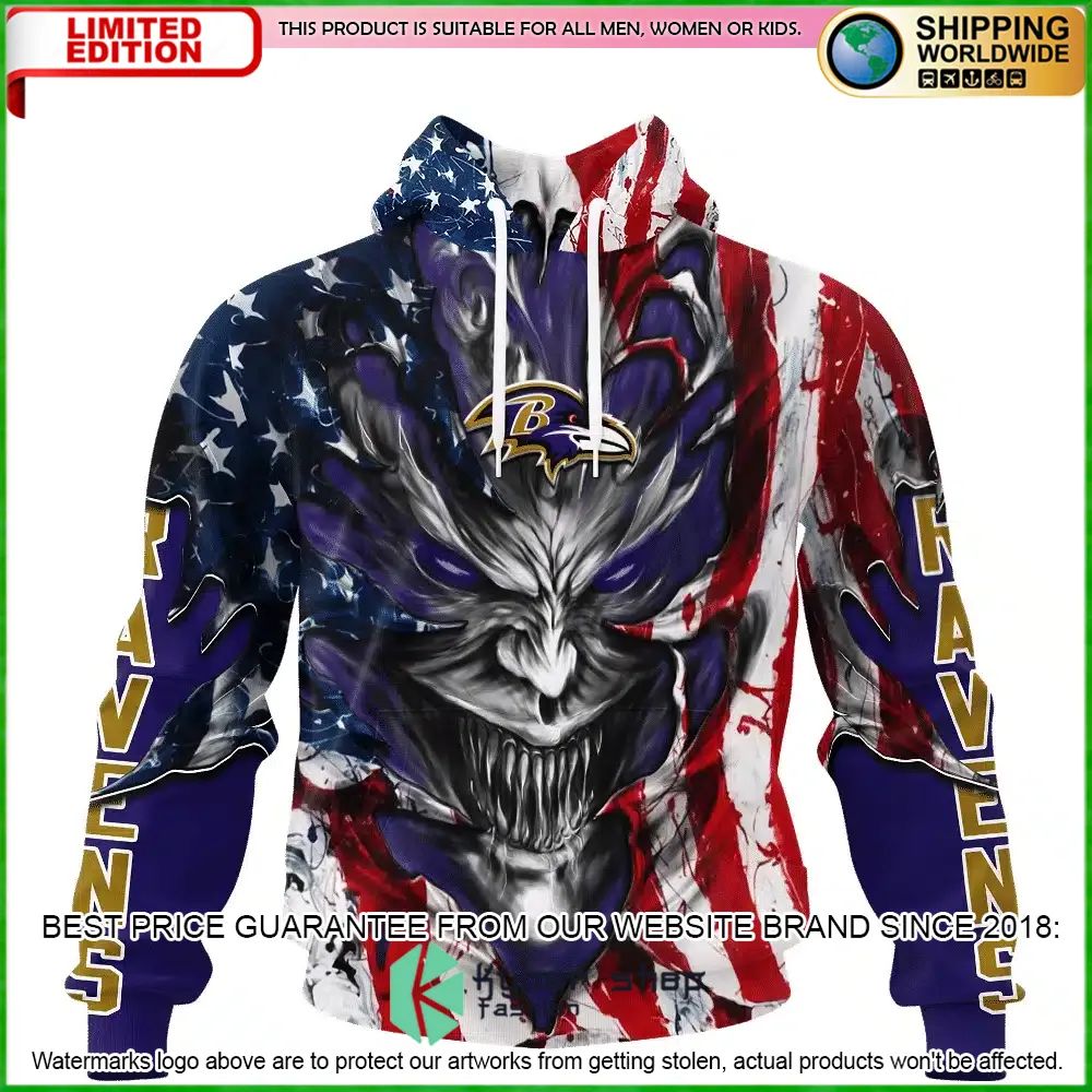 Baltimore Ravens Demon Face US Flag Personalized Hoodie, Shirt - LIMITED EDITION