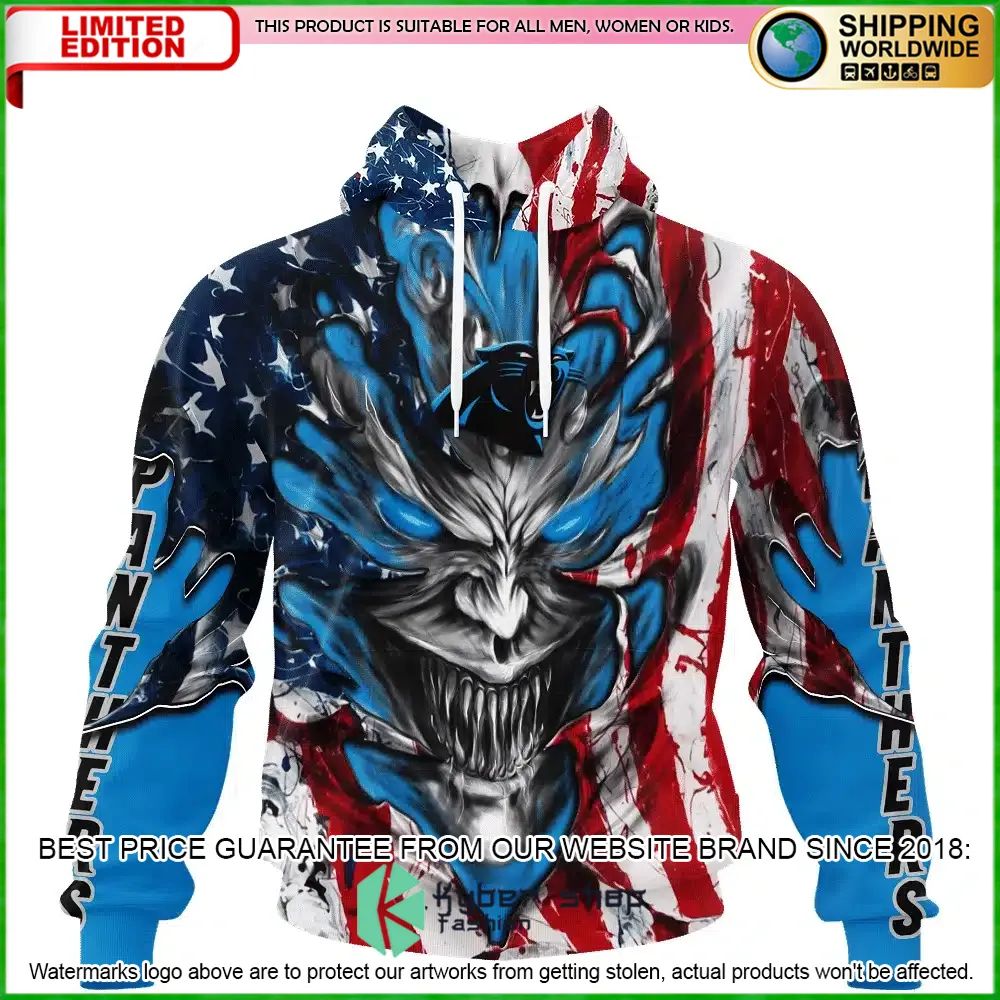 Carolina Panthers Demon Face US Flag Personalized Hoodie, Shirt - LIMITED EDITION