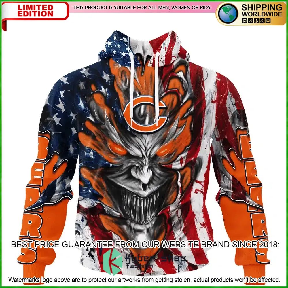 Chicago Bears Demon Face US Flag Personalized Hoodie, Shirt - LIMITED EDITION
