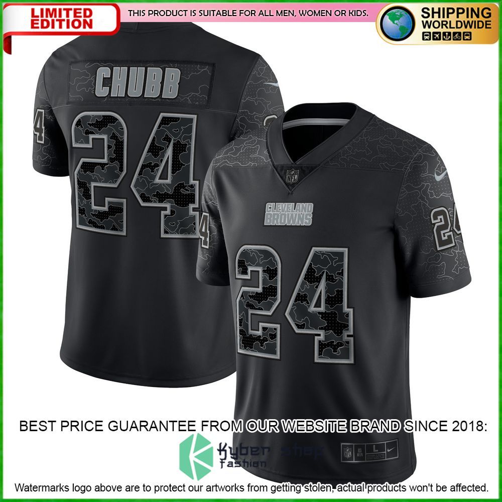 nick chubb cleveland browns nike rflctv black football jersey 7 137
