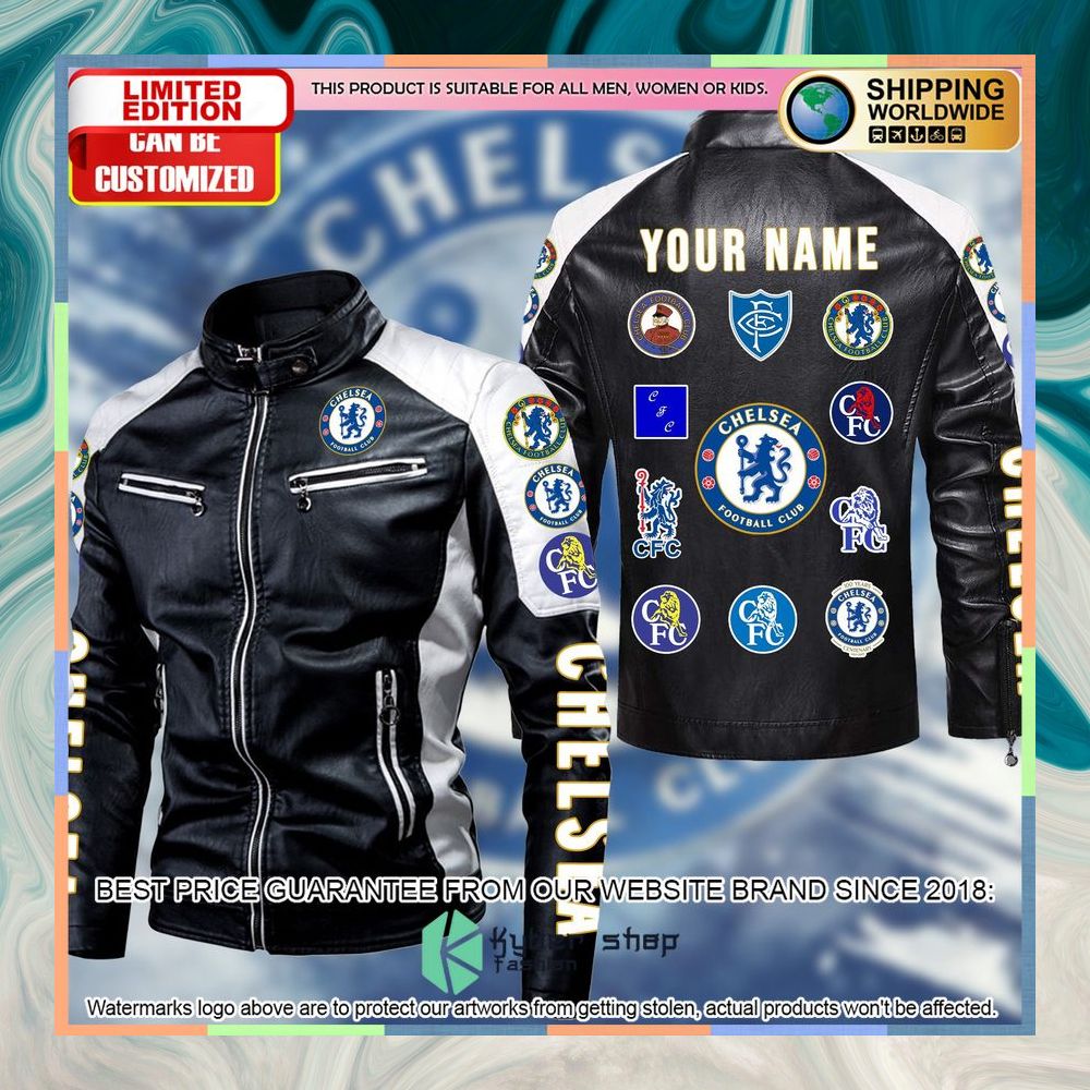 personaziled chelsea fc white color motor block leather jacket 1 670