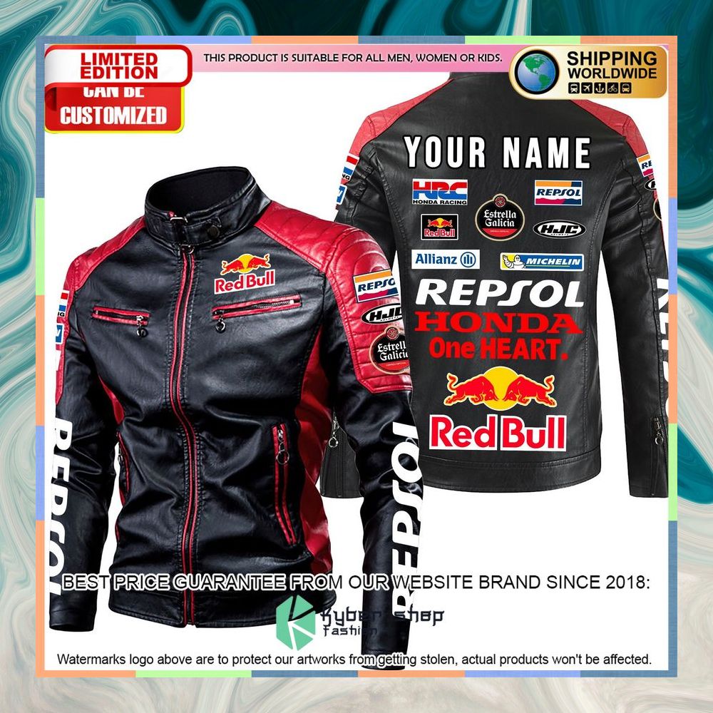 personaziled red bull racing honda red hand color motor block leather jacket 4 945