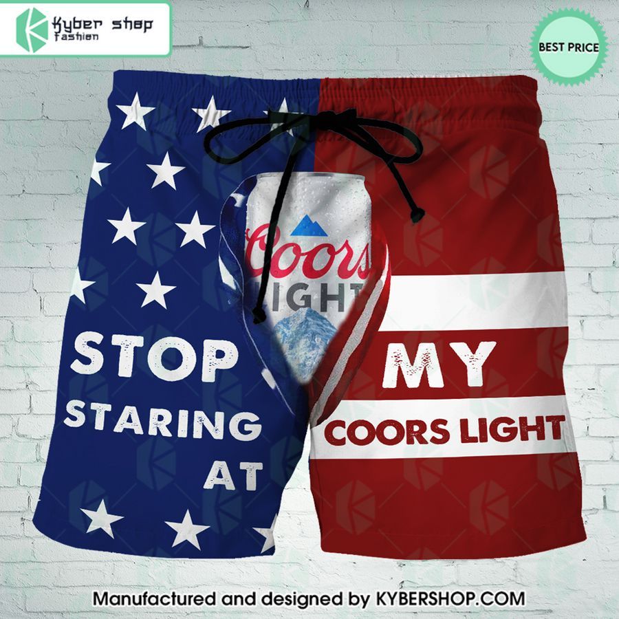 stop staring at my coors light us flag beach shorts 1 385