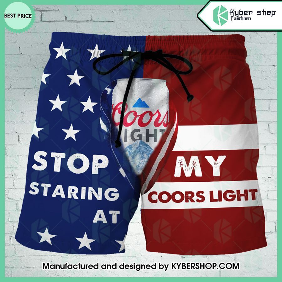 stop staring at my coors light us flag beach shorts 1 633
