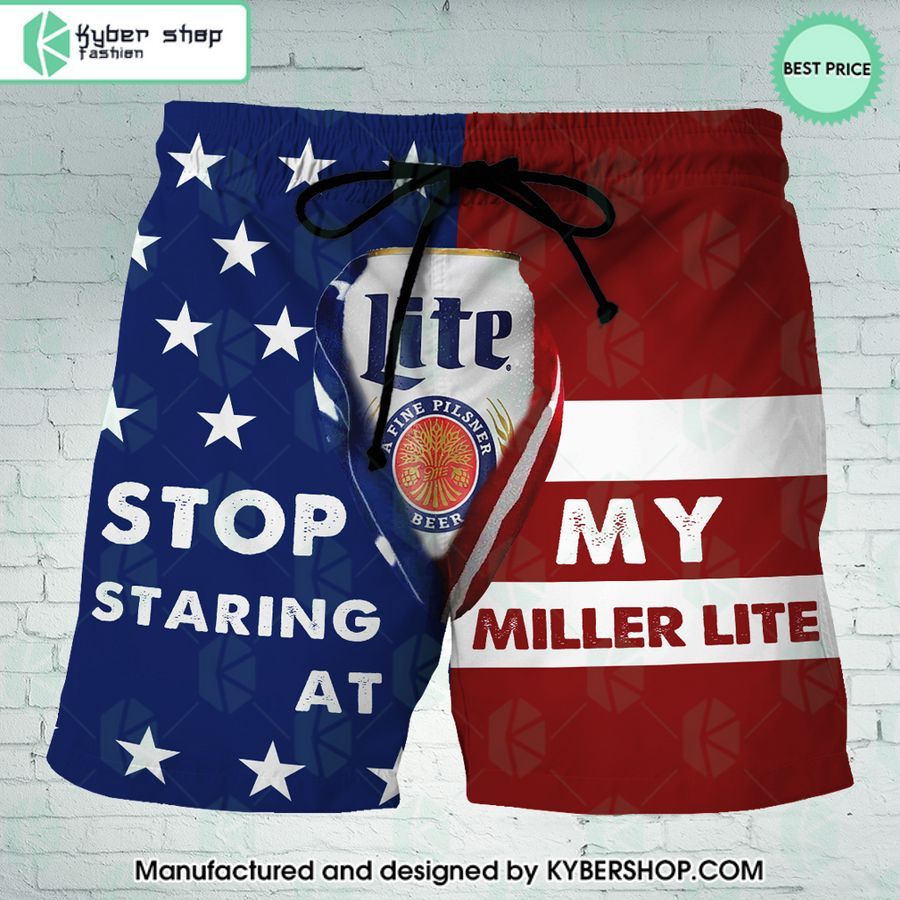 Stop Staring At My Miller Lite US Flag Beach Shorts