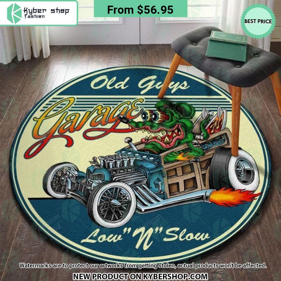 old guys garage low and slow hot rod round rug 1 12