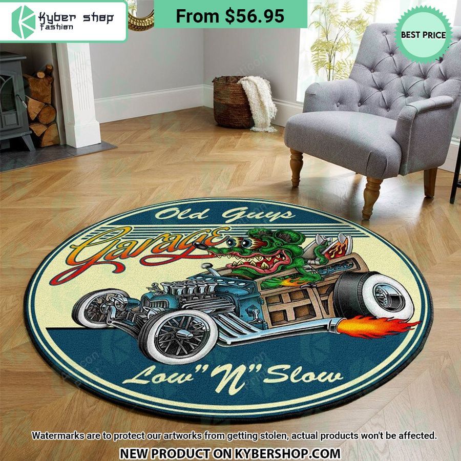 old guys garage low and slow hot rod round rug 2 974