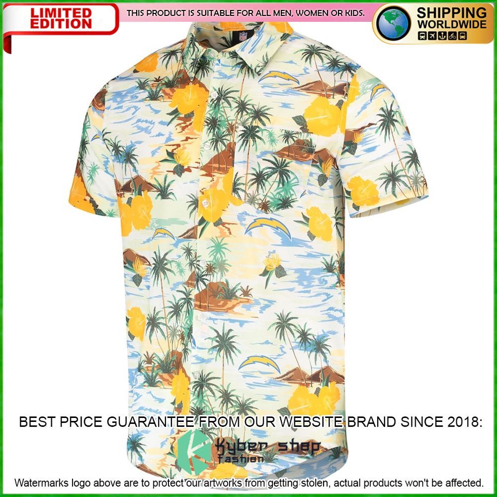 los angeles chargers cream paradise floral hawaiian shirt limited editionfrmeo