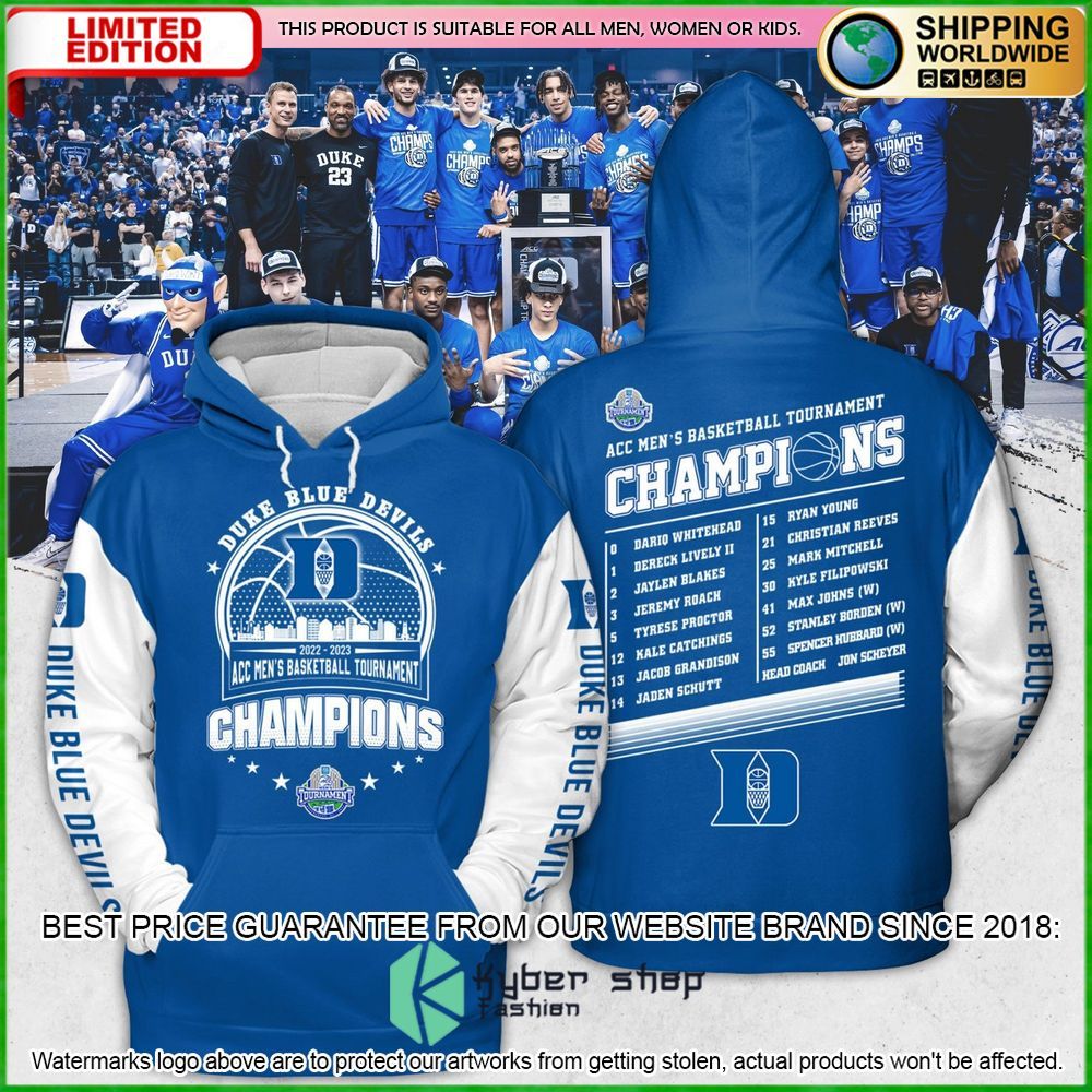 duke blue devils 2023 acc mens basketball conference tournament champions hoodie shirt limited edition fqncf