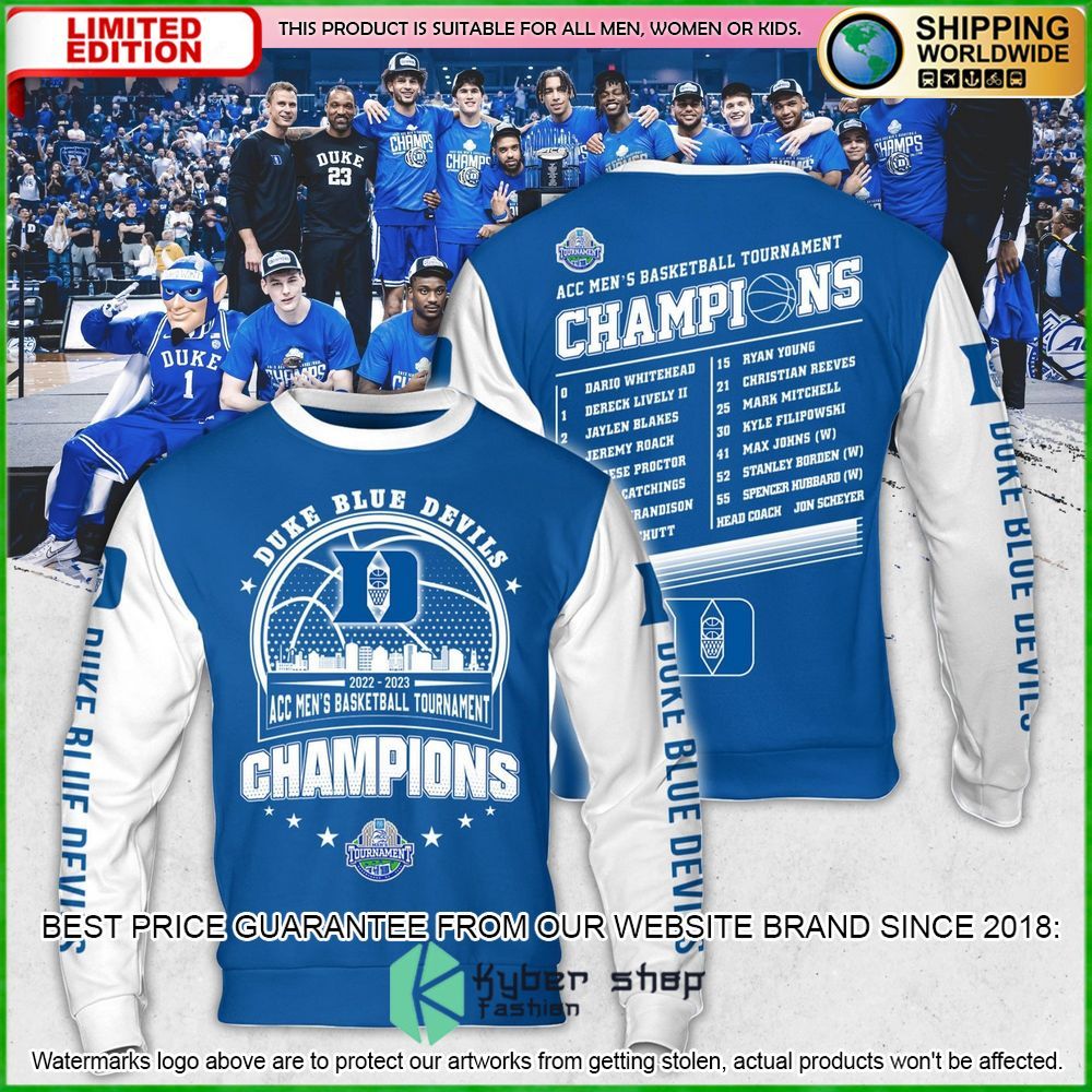 duke blue devils 2023 acc mens basketball conference tournament champions hoodie shirt limited edition lrgr1